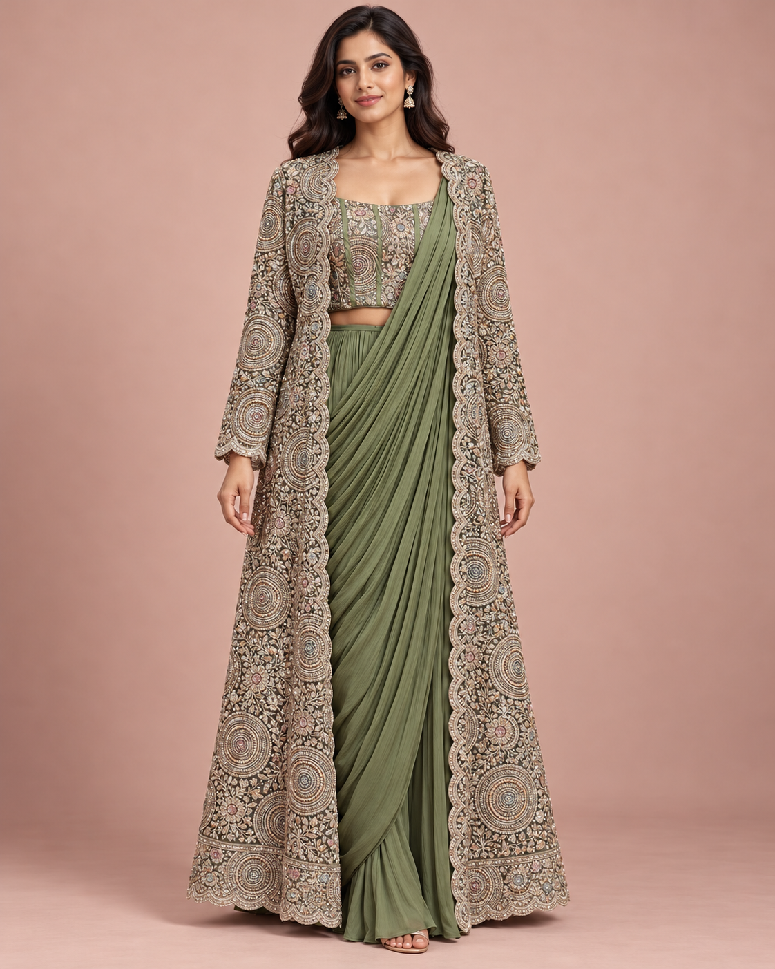 Sage Green Pre-Draped Saree Jacket Set