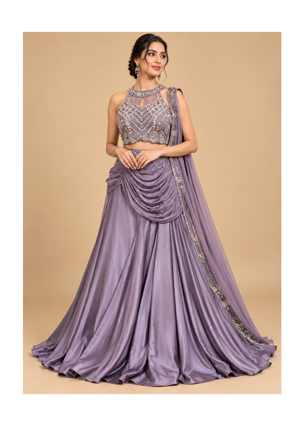 Mauve Draped Lehenga with Embellished Halter-Neck Blouse and Bordered Dupatta