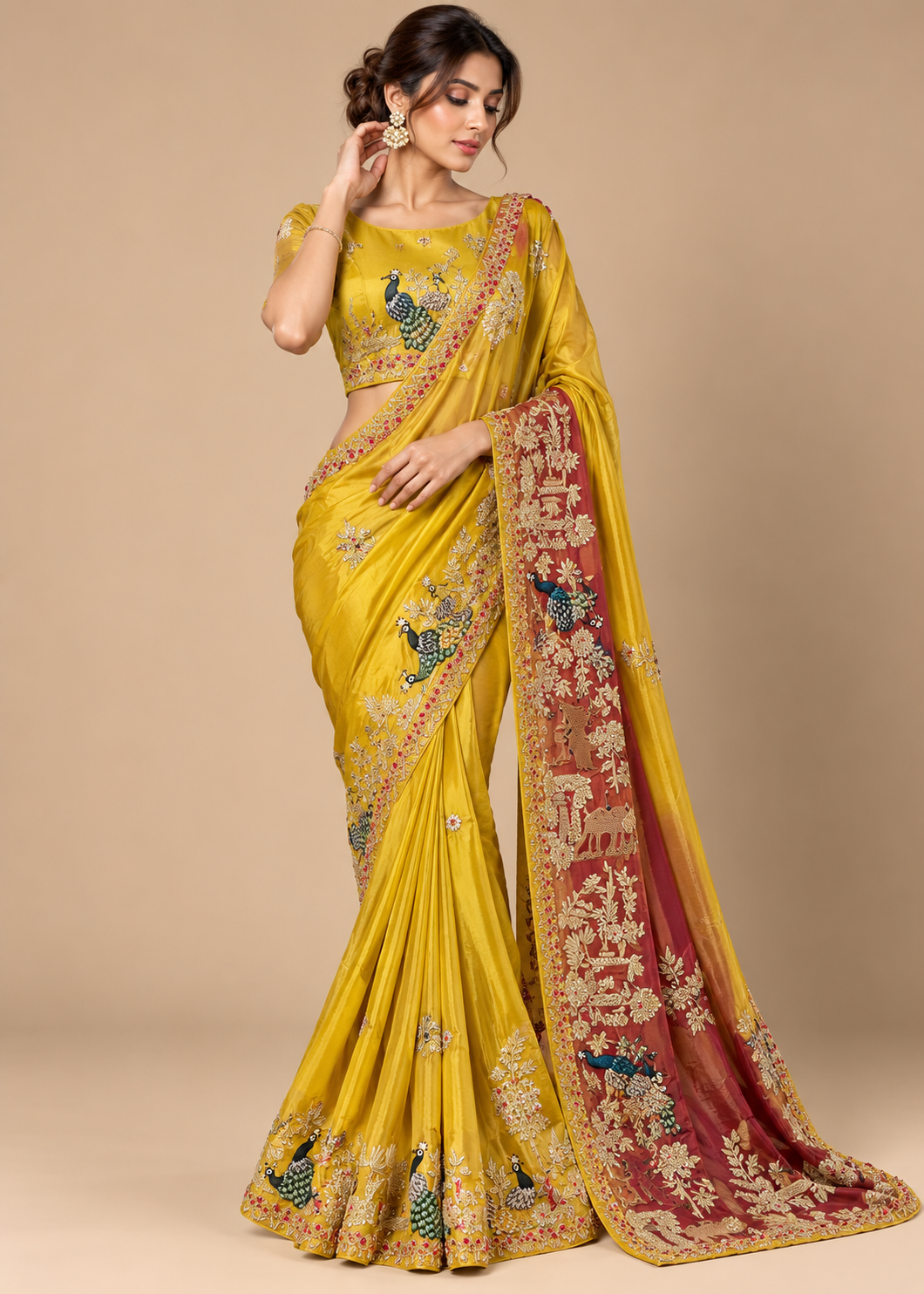 Mustard Yellow Embroidered Silk Saree with Contrast Heritage Pallu and Blouse
