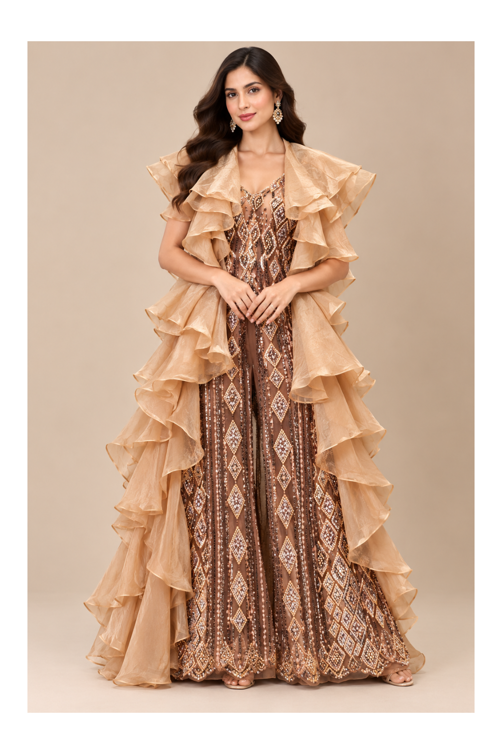 Bronze-Gold Embellished Jumpsuit with Dramatic Organza Ruffle Cape Set
