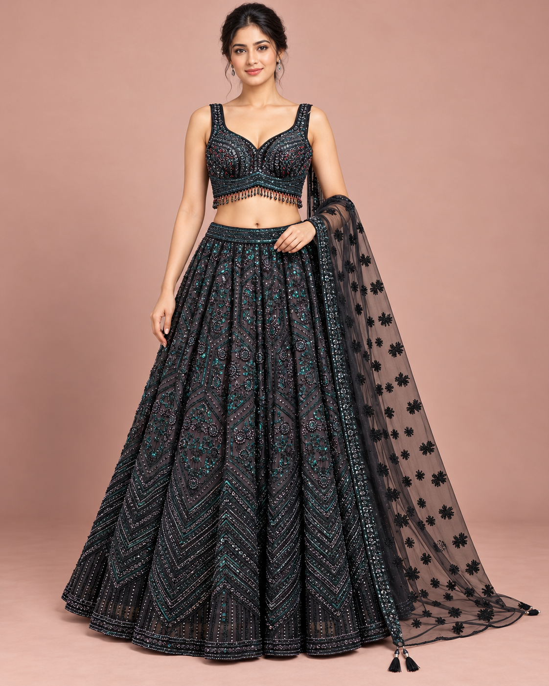 Midnight Emerald Chevron Embellished Designer Lehenga