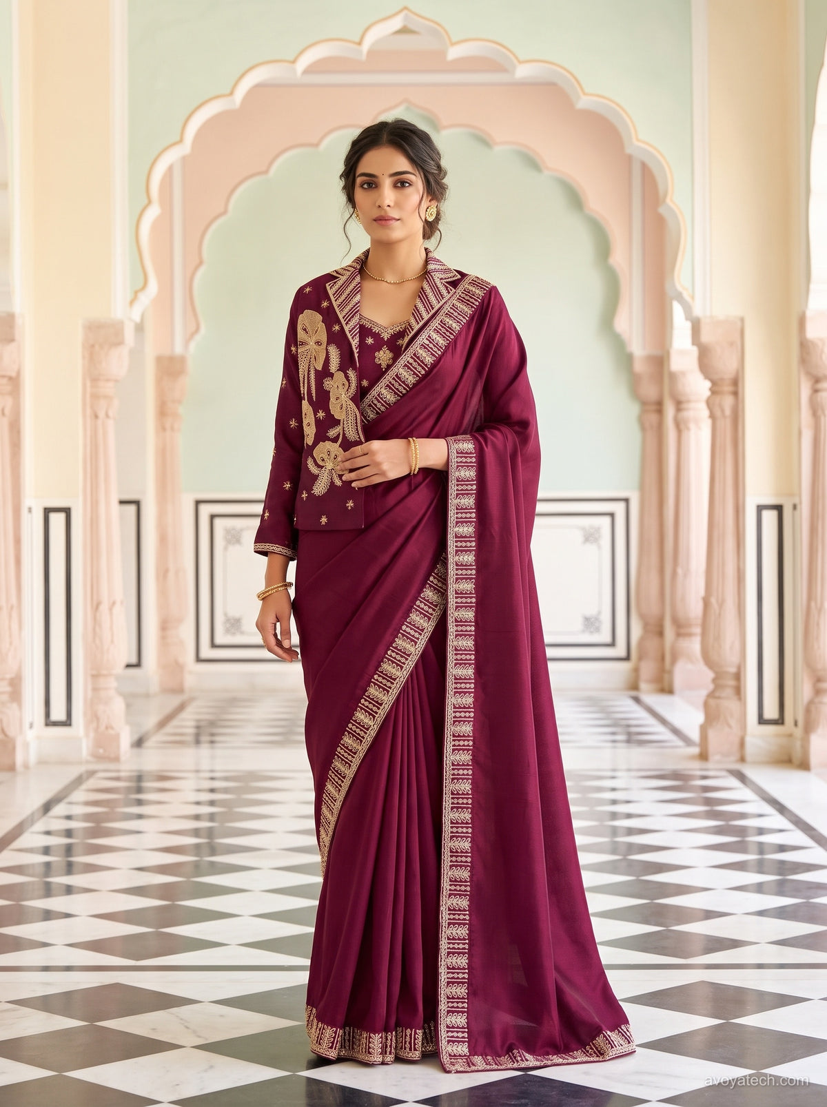 Elegant Wine Silk Saree with Designer Embroidered Border Main image