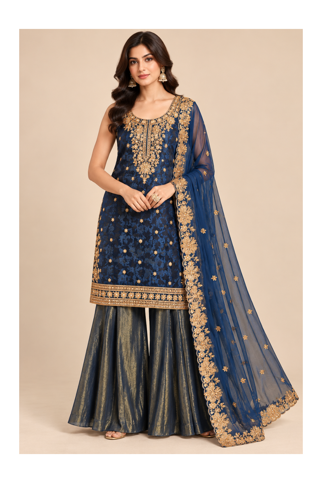 Midnight Blue Embroidered Kurti & Metallic Sharara Set Main image