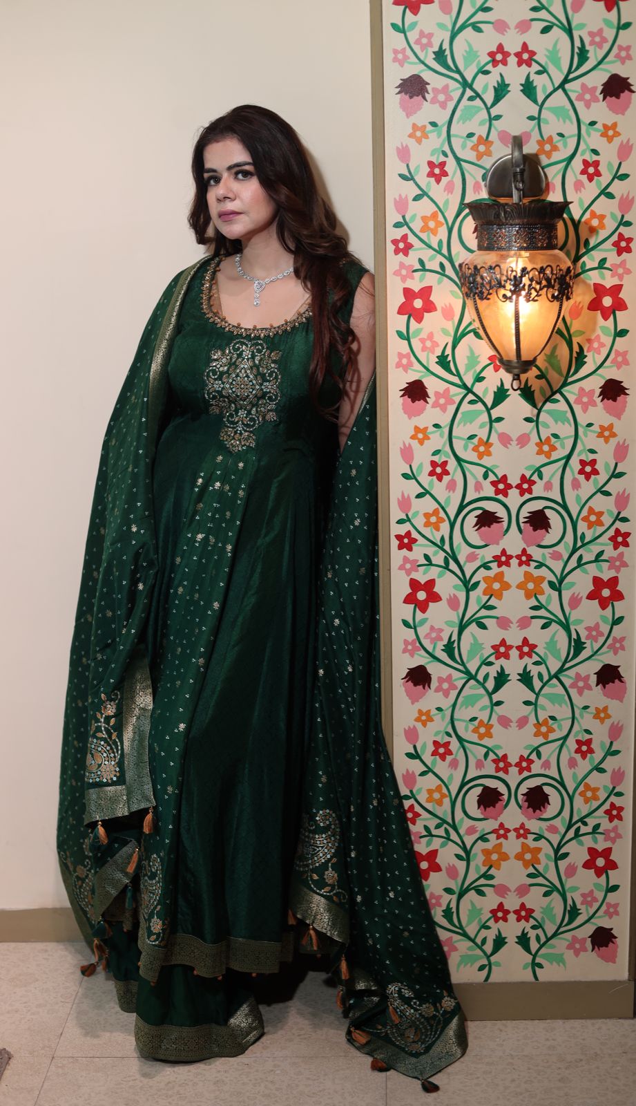 Emerald Satin Silk Long Suit with Palazzo and Heavy Dupatta