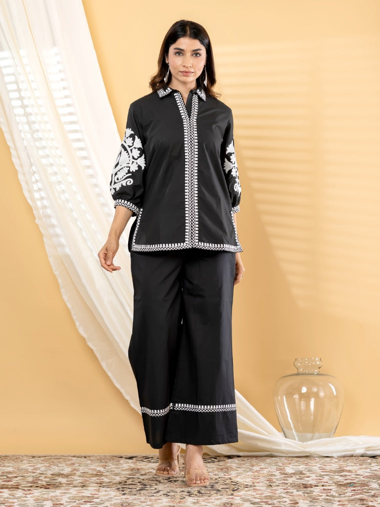 Black Statement Embroidered Sleeve Kurti Set