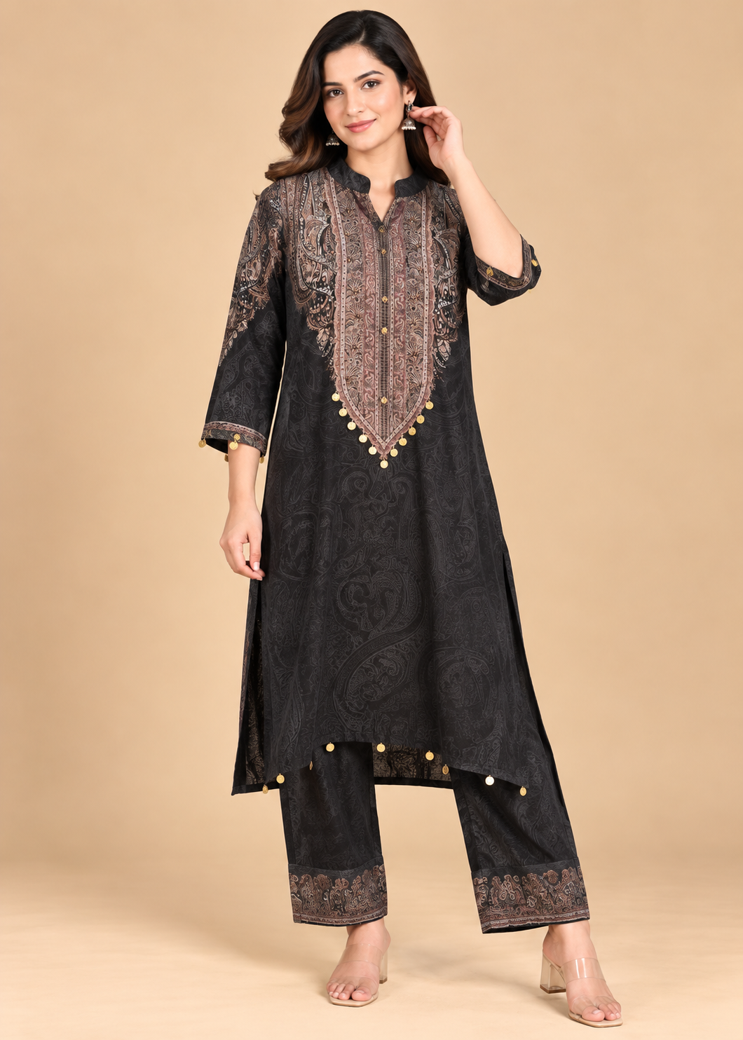Black Printed Kurta Set with Paisley Detailing Main image