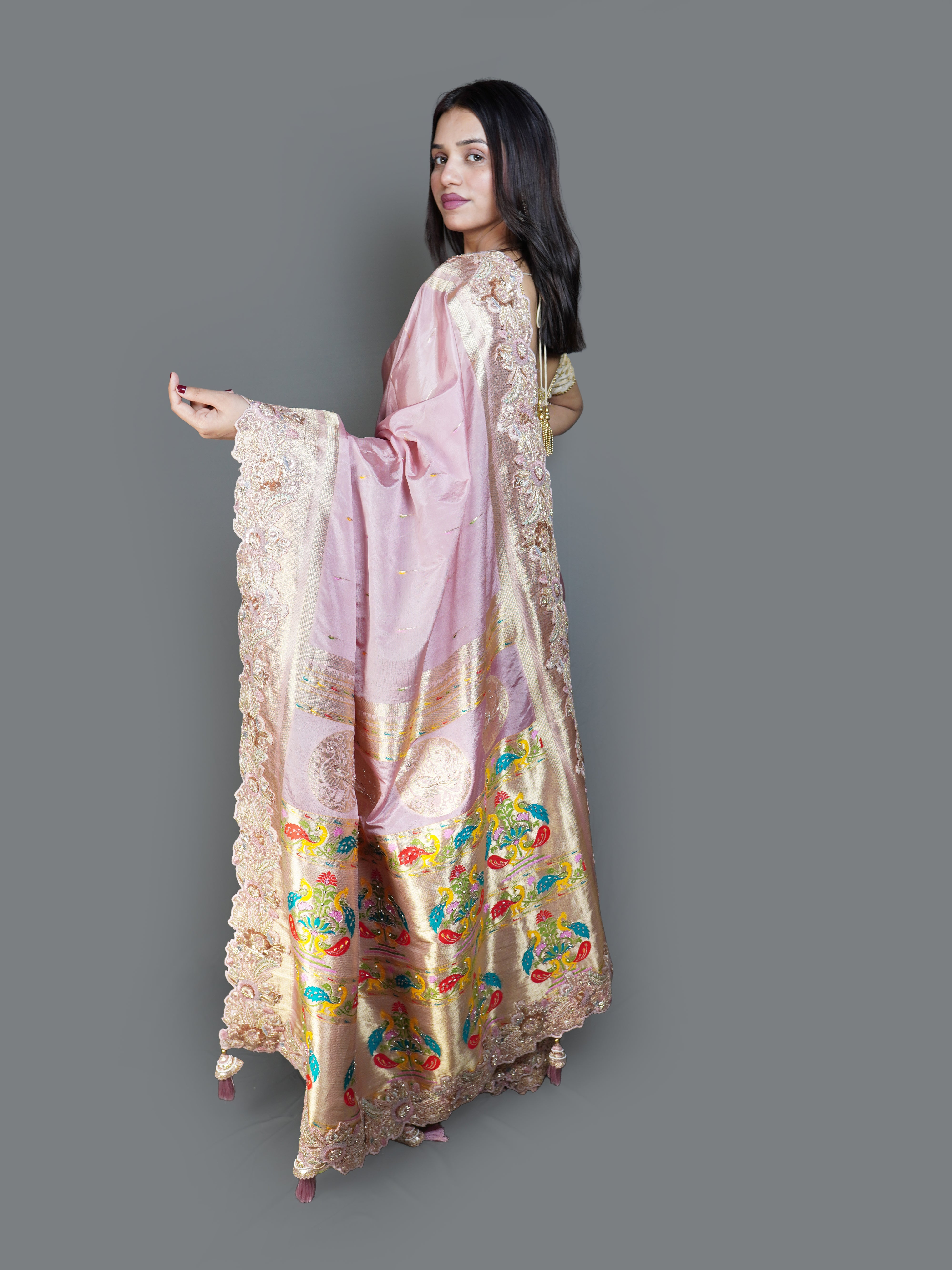 Rose Pink Silk Saree with Heavy Gold Embroidered Pallu (BOS-4363-C D-4) Secondary image