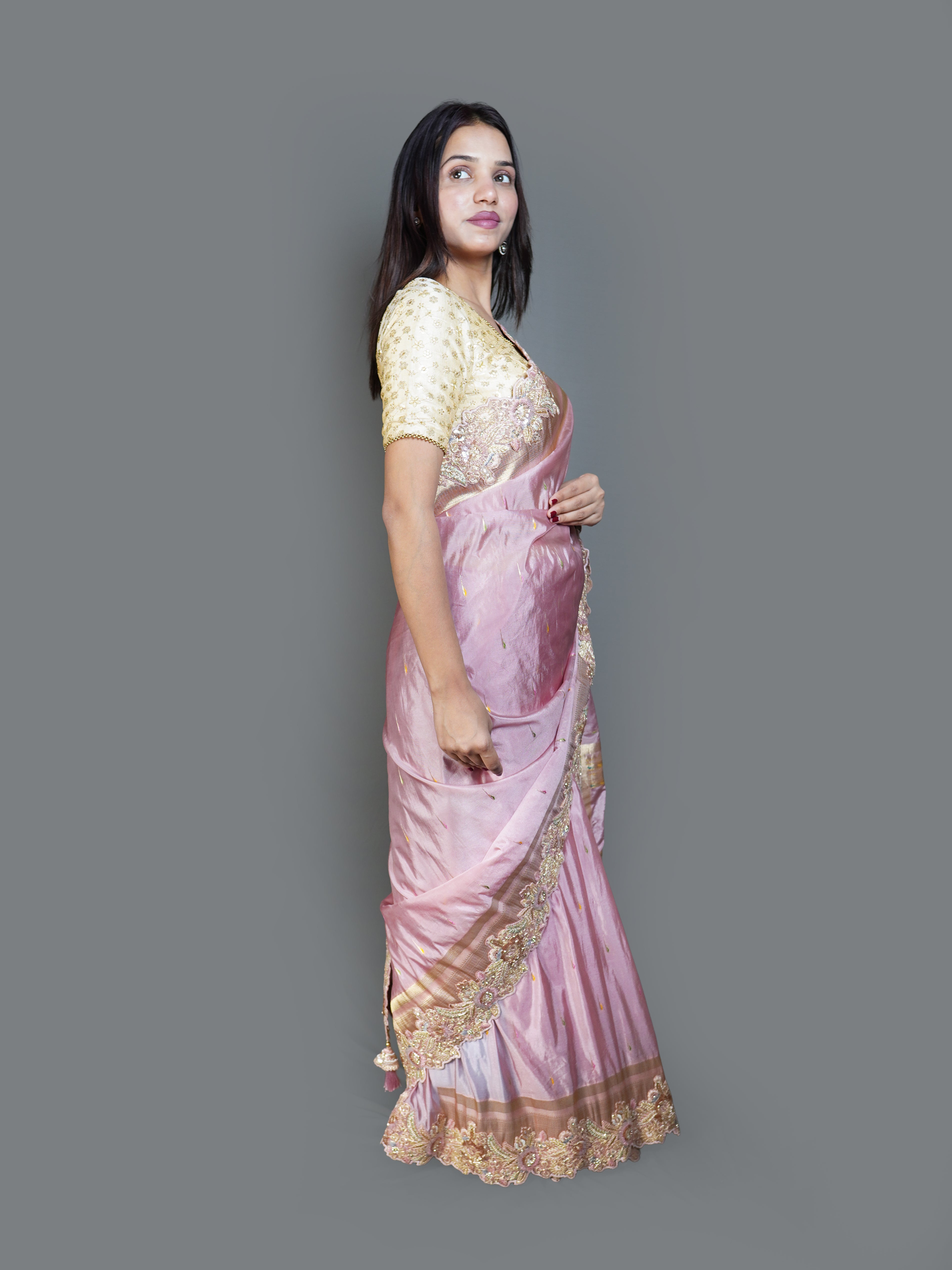 Rose Pink Silk Saree with Heavy Gold Embroidered Pallu (BOS-4363-C D-4)