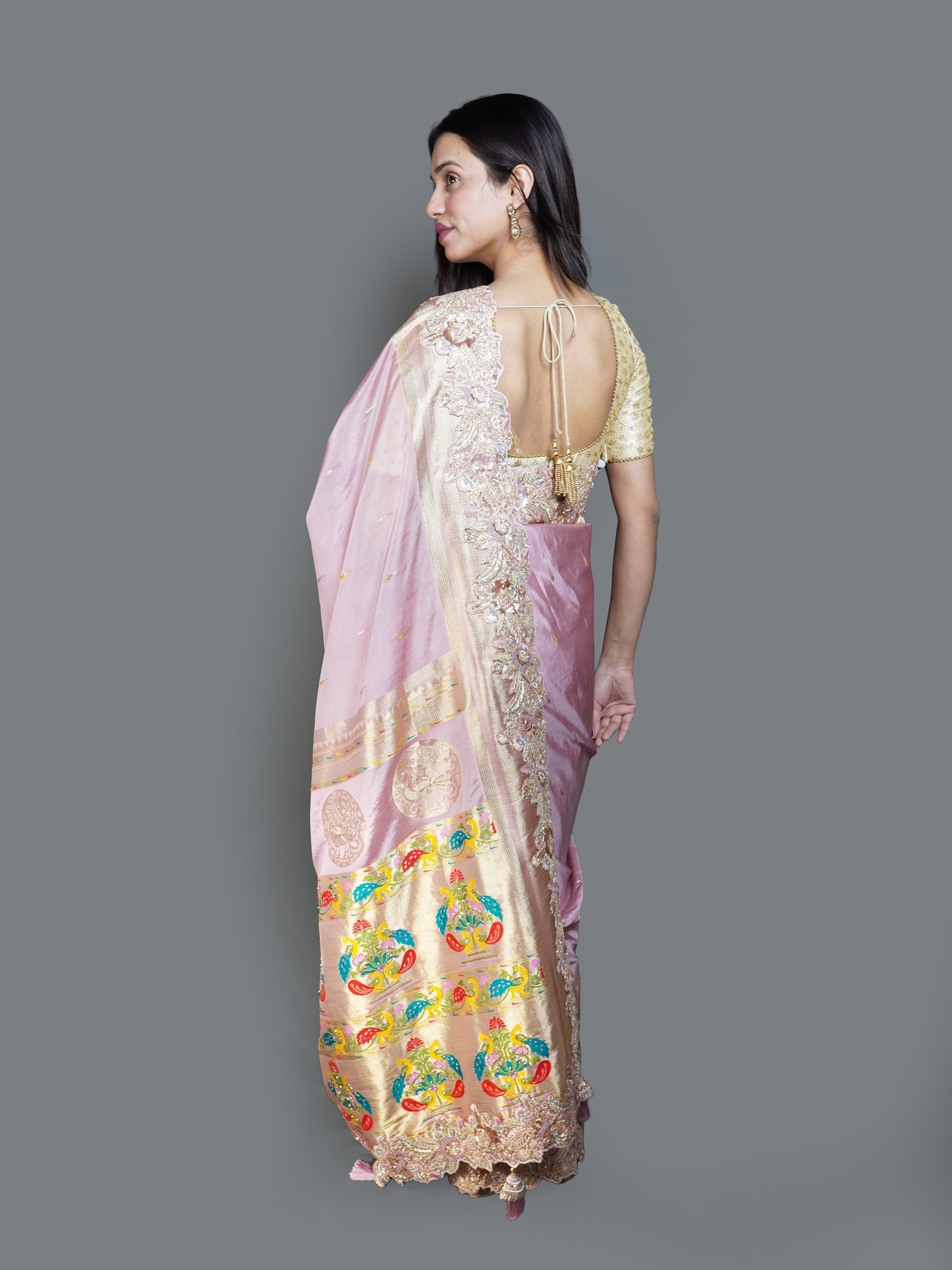 Rose Pink Silk Saree with Heavy Gold Embroidered Pallu (BOS-4363-C D-4)