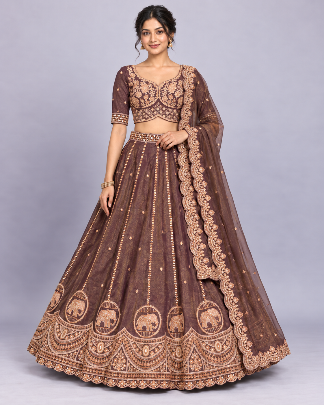 Chocolate Brown Embroidered Silk Lehenga Choli Set