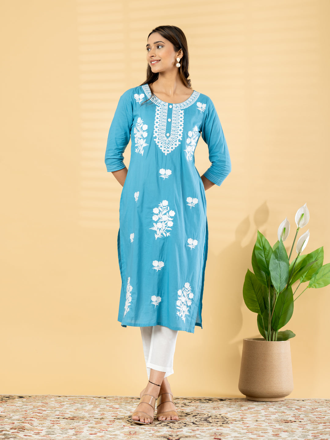 Azure Bloom Hand-Embroidered Suit Set