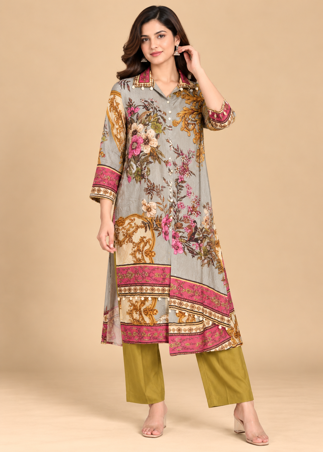 Grey Floral Printed Kurta with Olive Green Pants