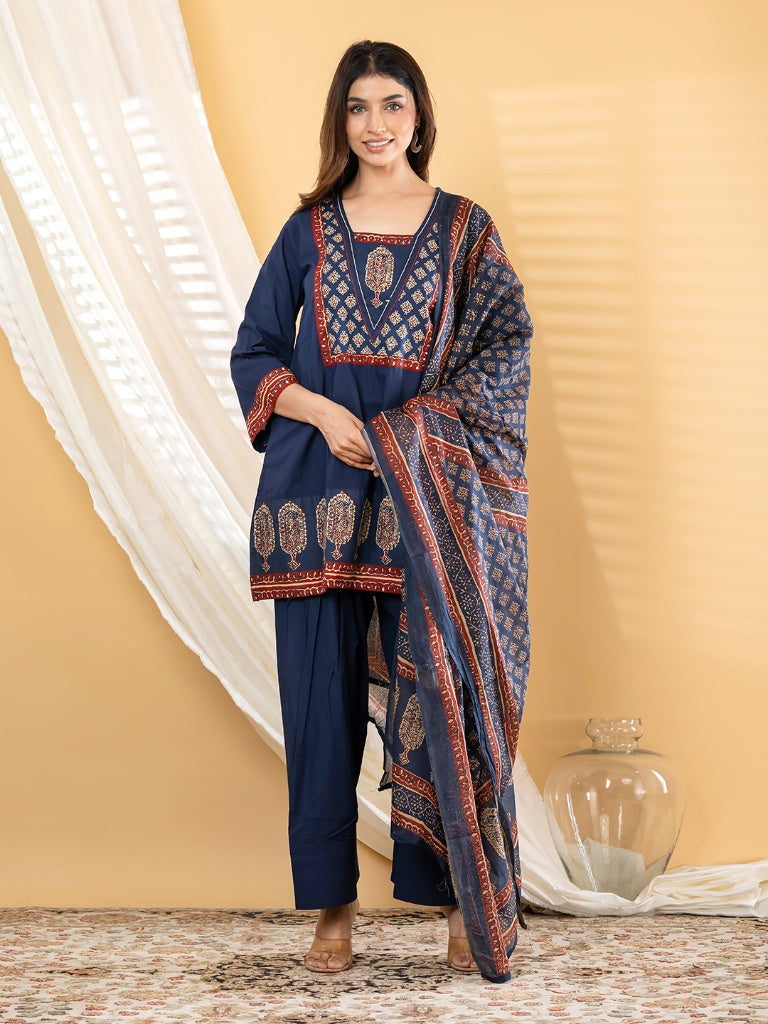 Navy Blue Ajrakh Block Printed Kurti Set