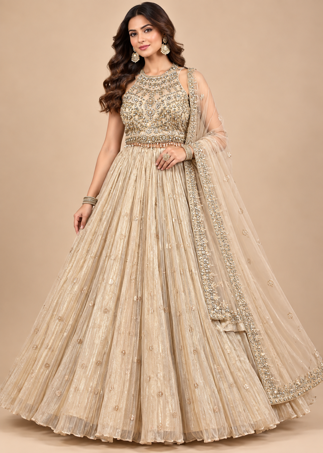 Champagne Gold Pleated Tissue & Net Bridal Lehenga Set