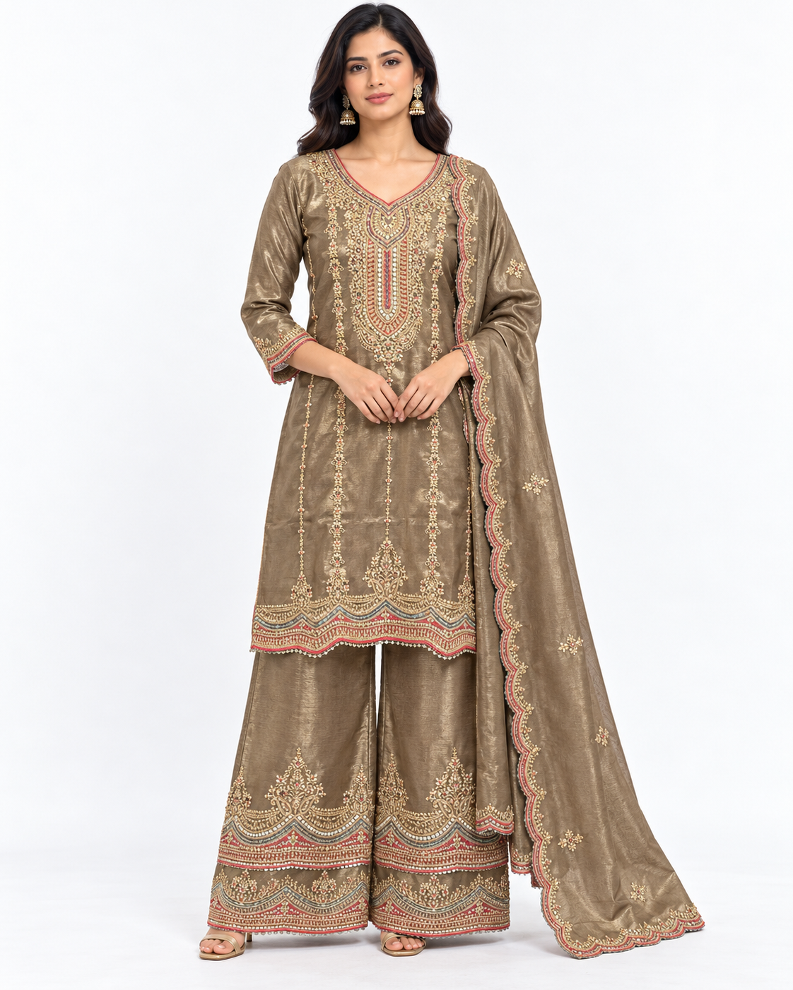 Champagne Gold Embroidered Palazzo Suit