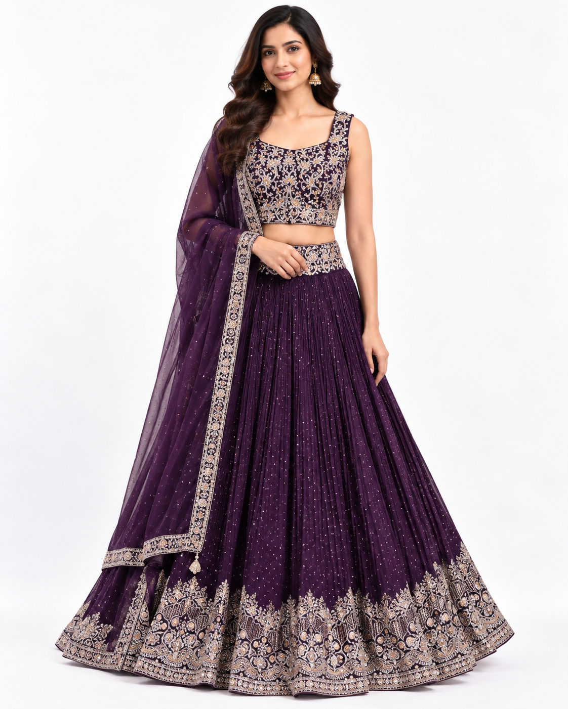 Purple Pleated Lehenga with Floral Embroidered Blouse
