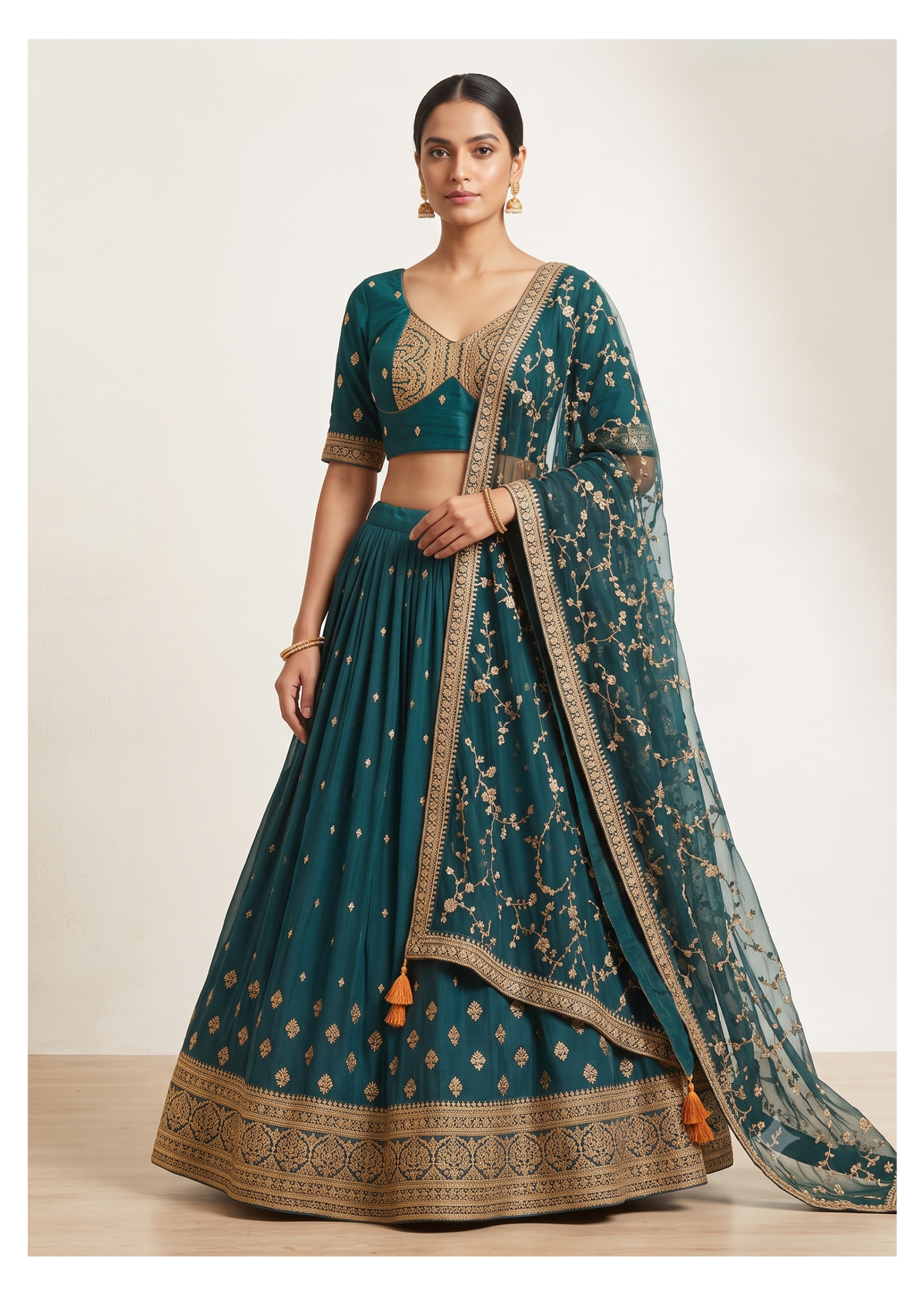 Peacock Teal Silk Lehenga Set with Embroidered Net Dupatta