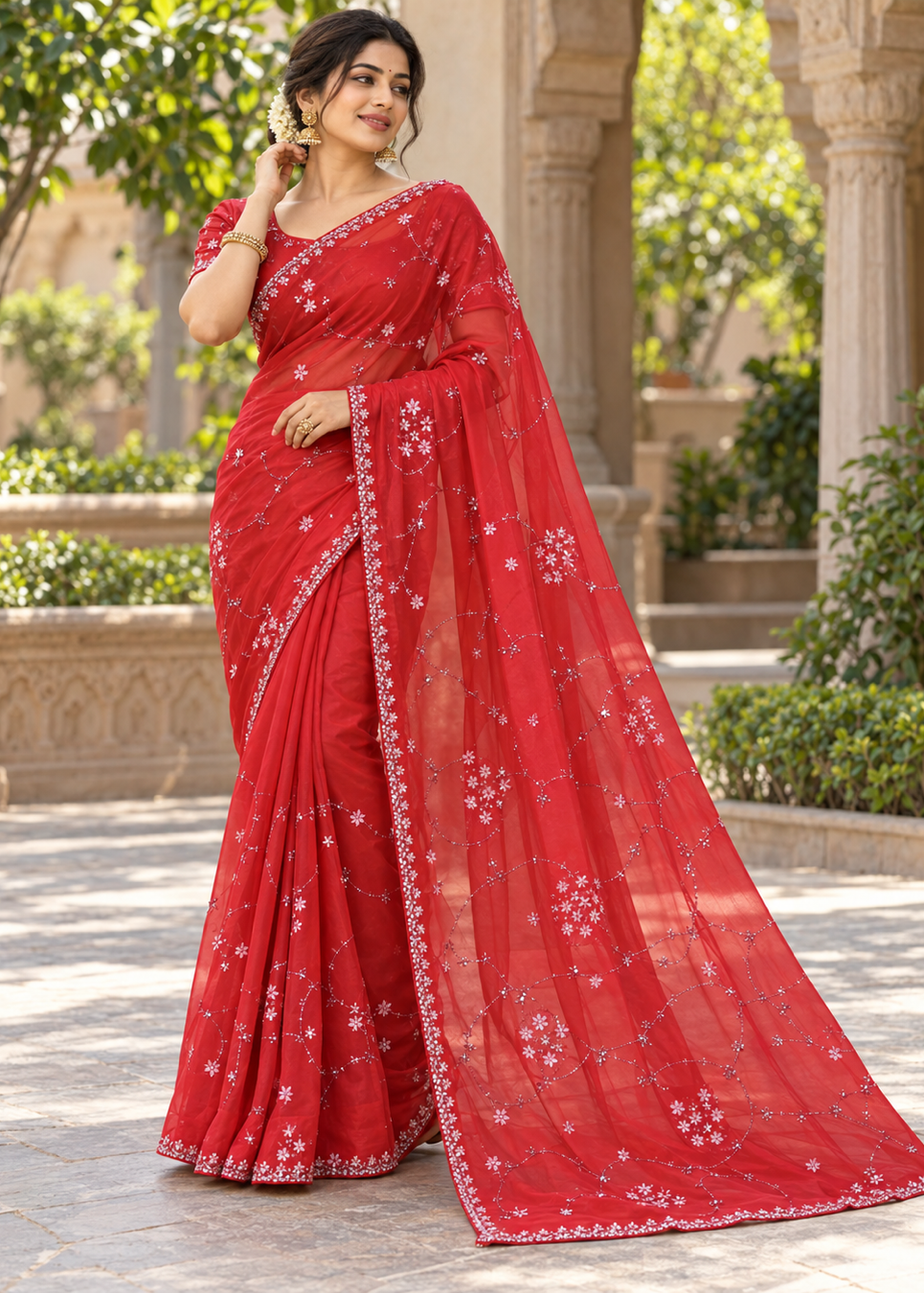 Dusty Rose Floral Embroidered Saree Secondary image