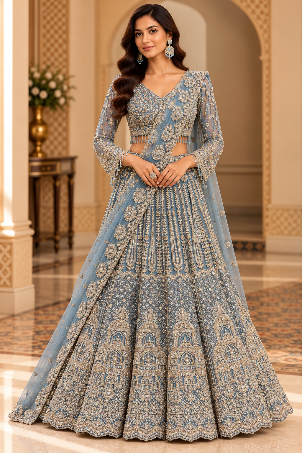 Petrol Blue Heritage Embroidered Lehenga