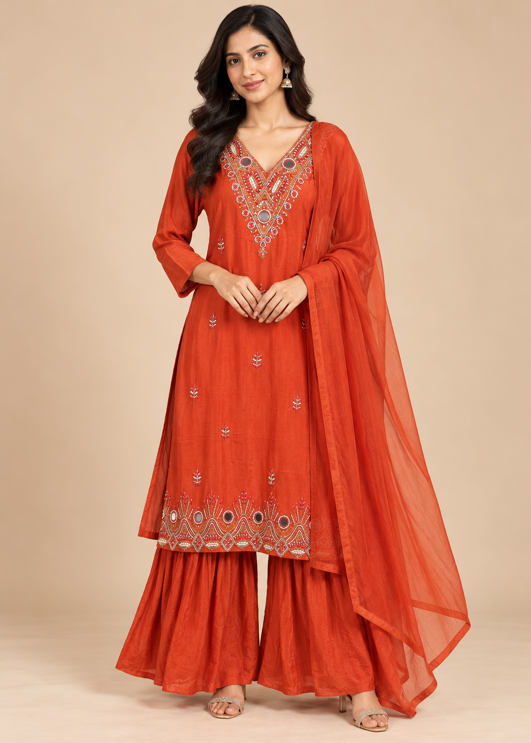 Terracotta Embroidered Mirror Work Sharara Set