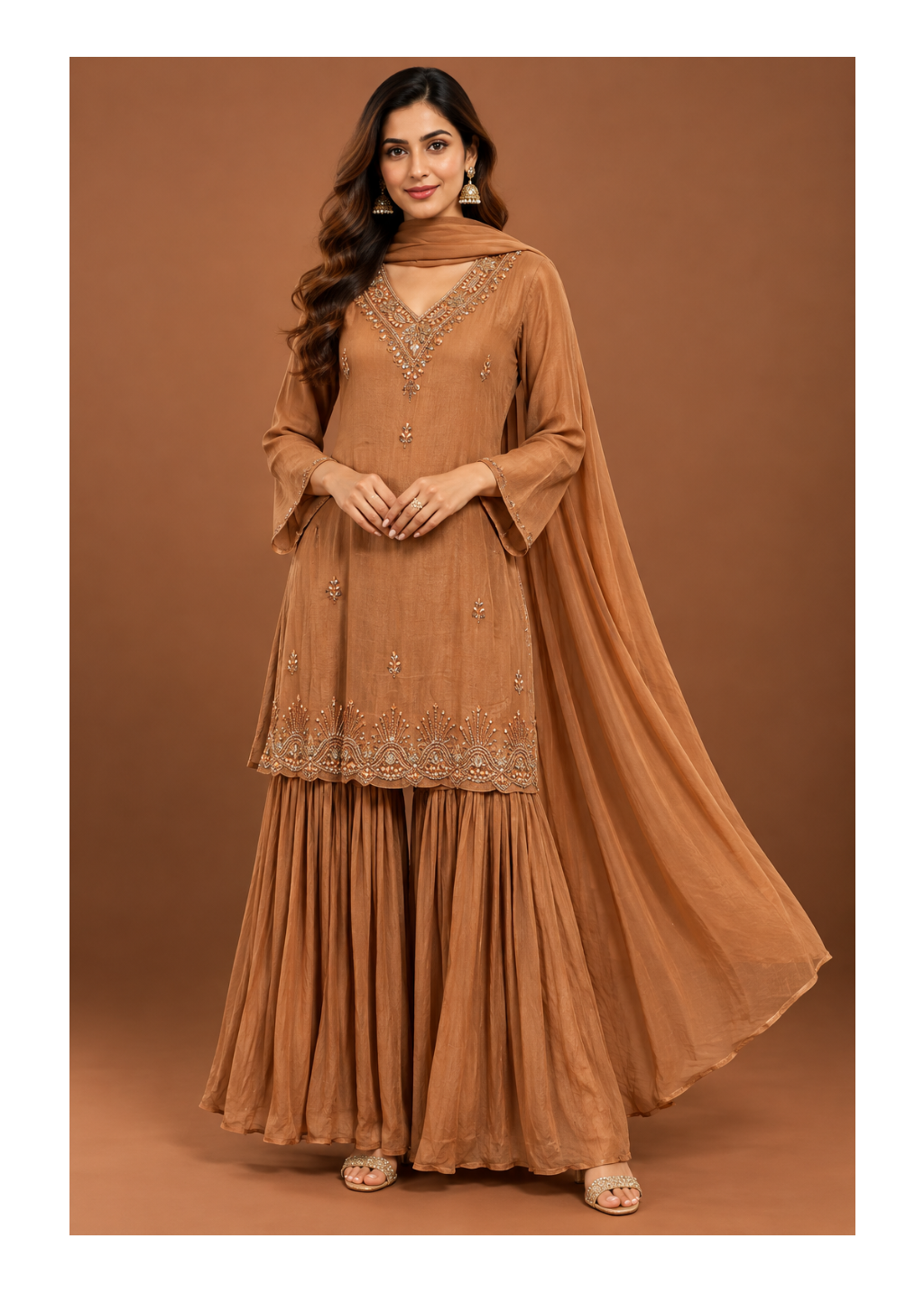 Camel Brown Embroidered Silk Sharara Set