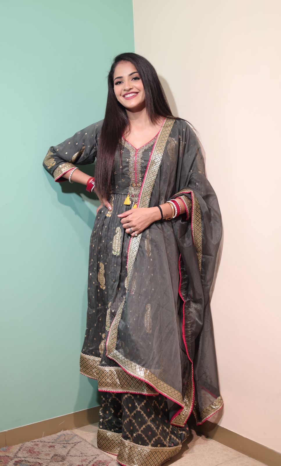 Mamba Satin Silk Long Suit with Sharara and Heavy Dupatta