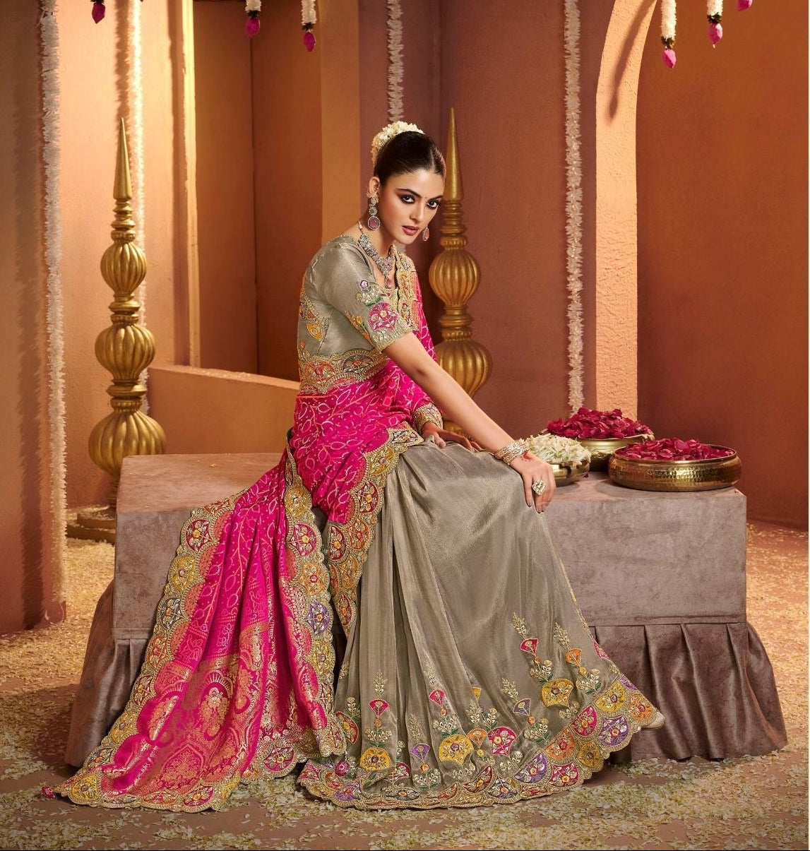 Vibrant Pink Bandhani-Inspired Saree Secondary image