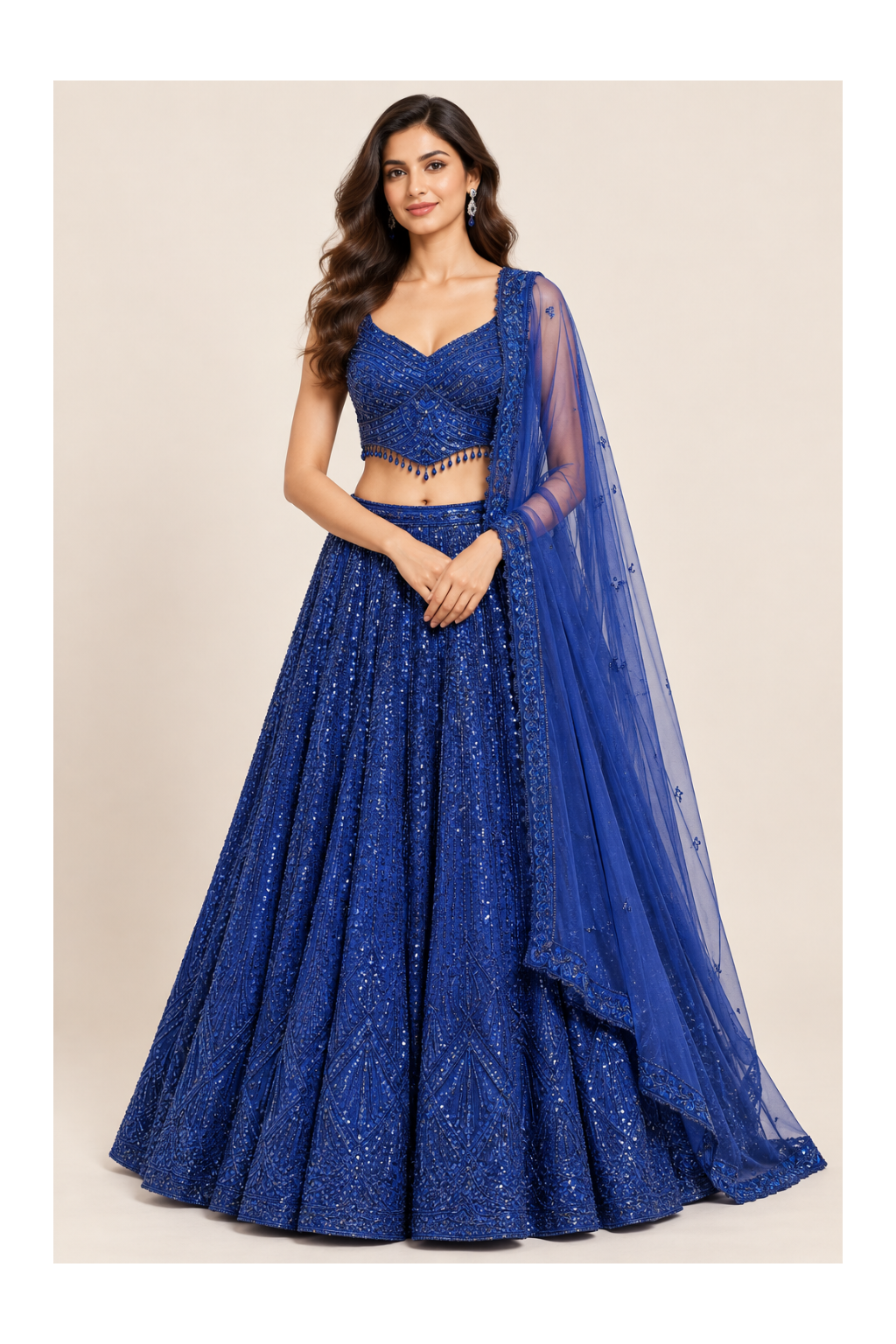 Royal Blue Tone-on-Tone Embellished Corset Bustier, Flared Lehenga