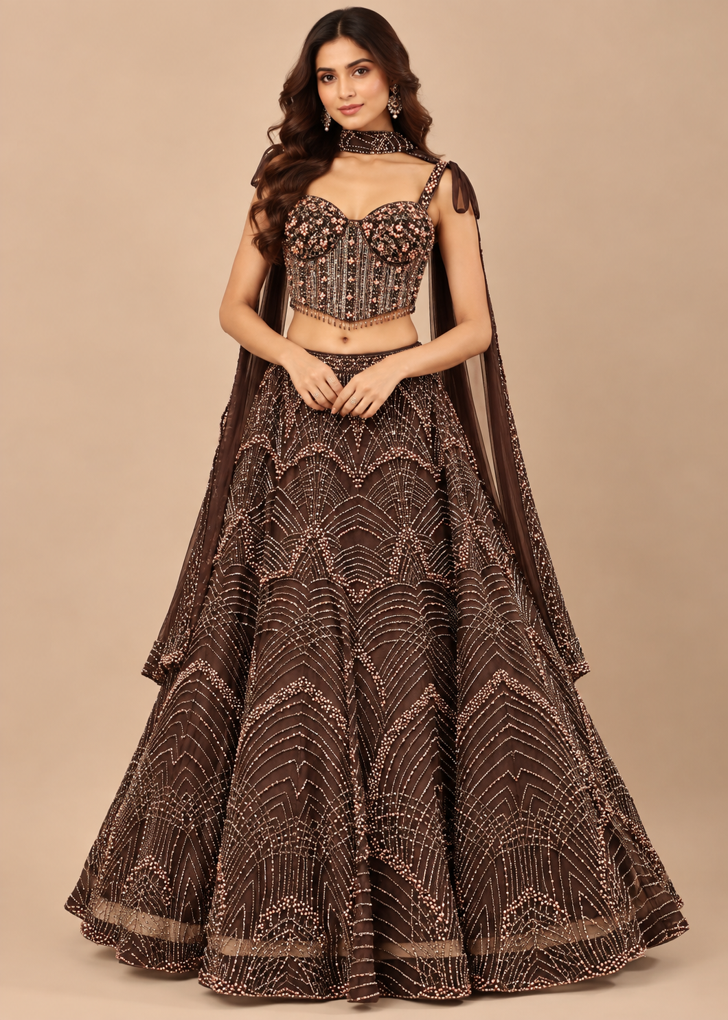 Espresso Chocolate Geometric Linear Pearl & Sequin Bridal Lehenga Set with Cape Drape