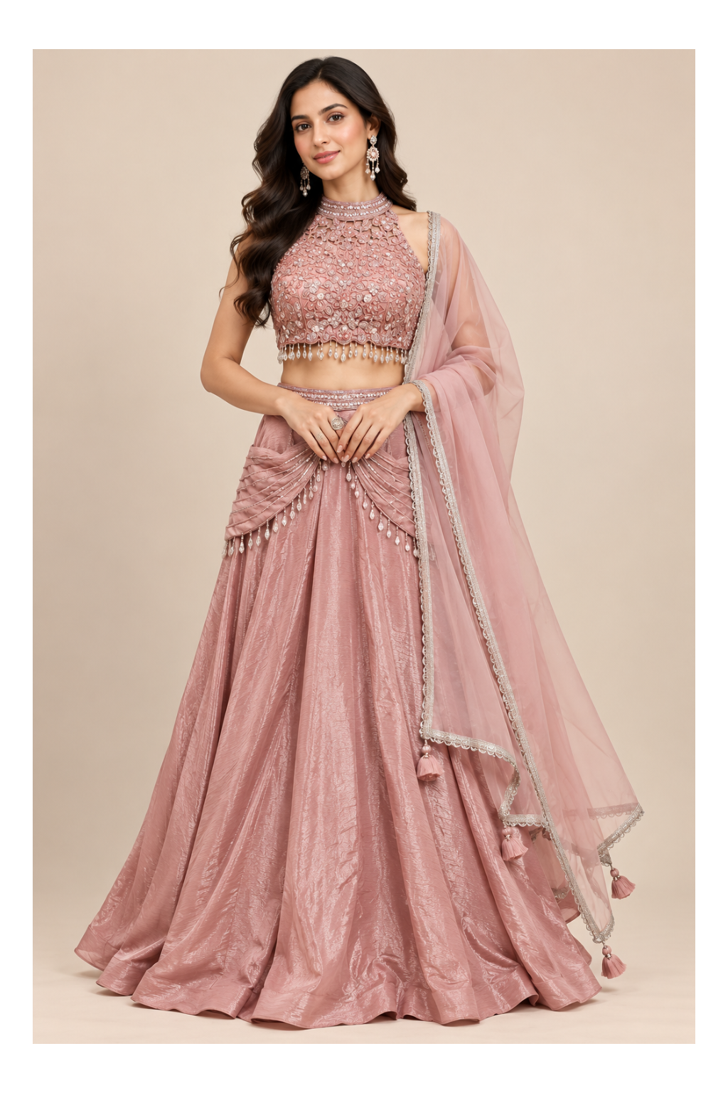 Dusty Rose Embroidered Halter Cowl Lehenga Set