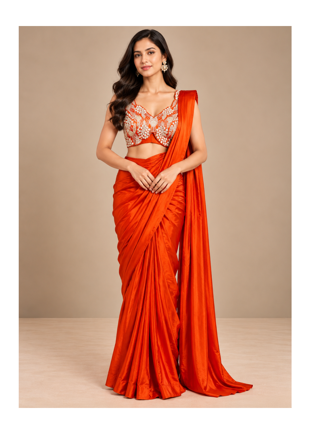 Rust Orange Crushed Tissue Silk Pre-Draped Saree with Embroidered Bustier