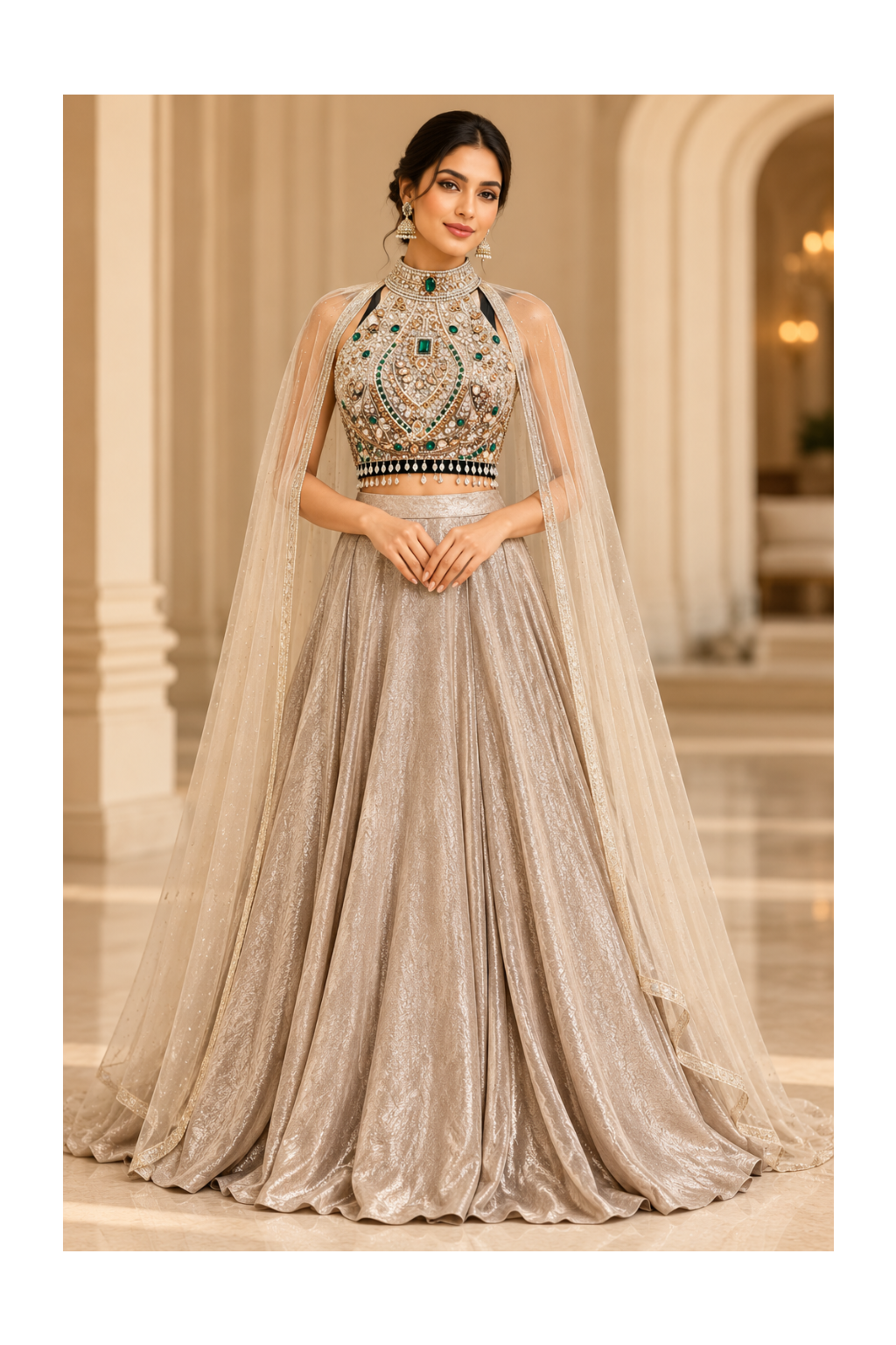 Metallic Champagne Cape Lehenga Set Main image