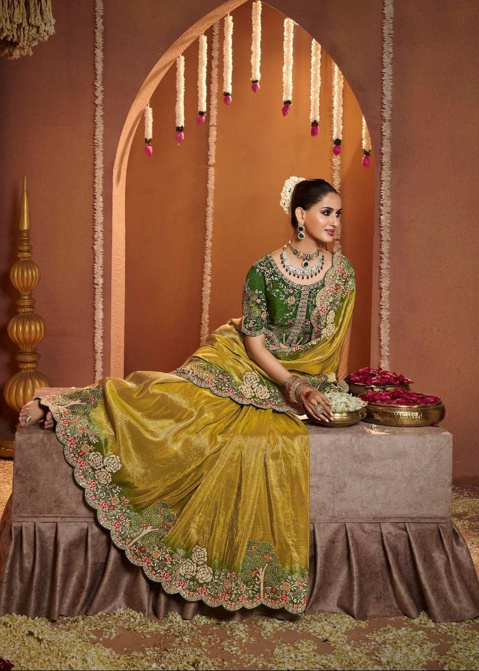 Regal Olive and Gold Designer Saree Secondary image