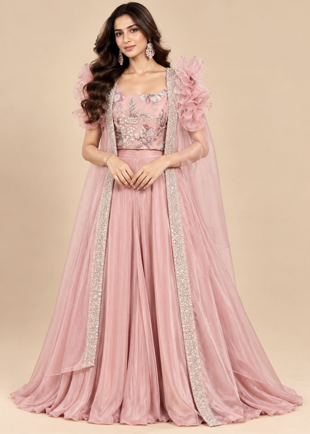 Blush Pink Embroidered Crop Top with Ruffled Cape and Palazzo Set Main image