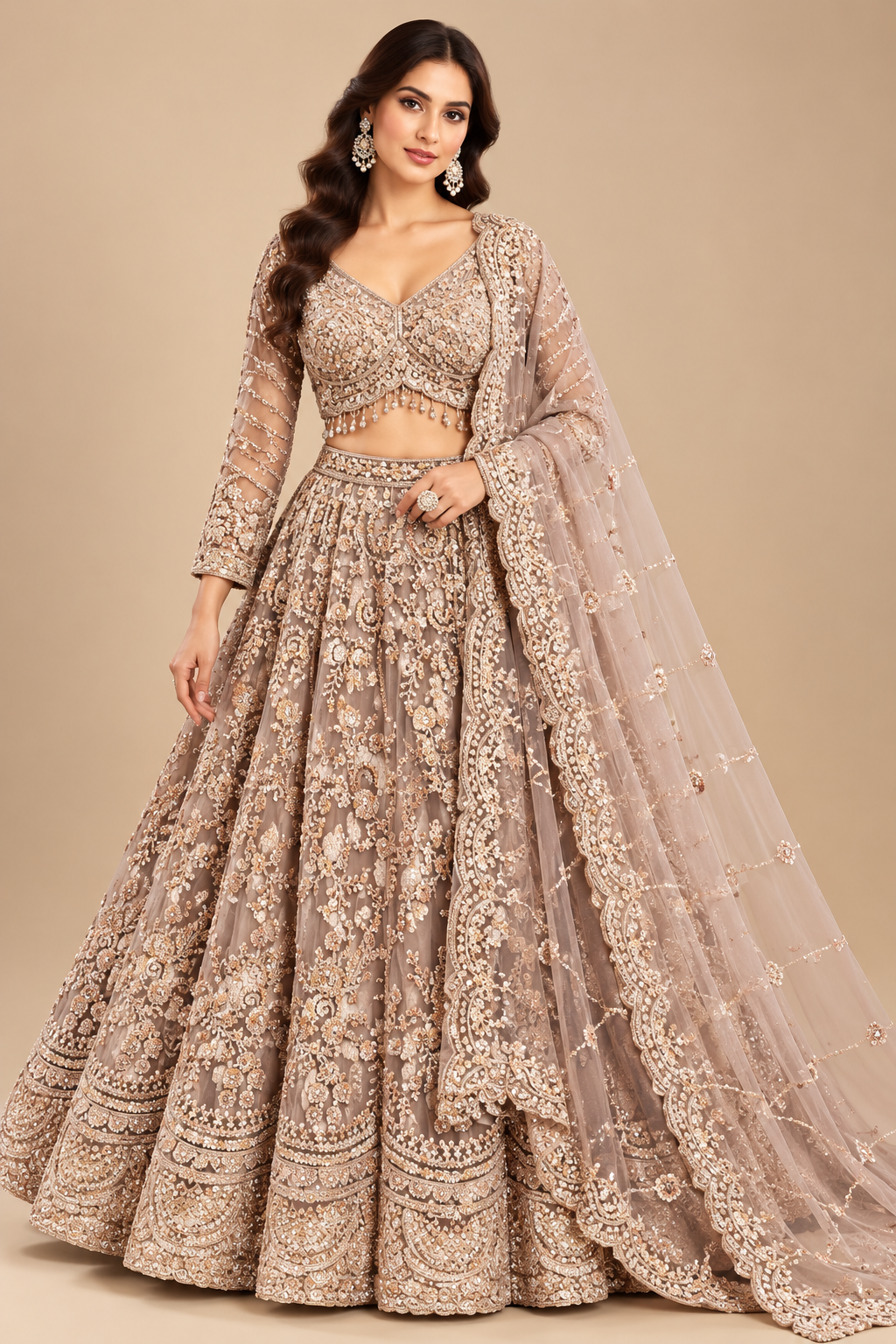 Champagne Rose-Gold Hand-Embroidered Full-Sleeve Lehenga Choli Set