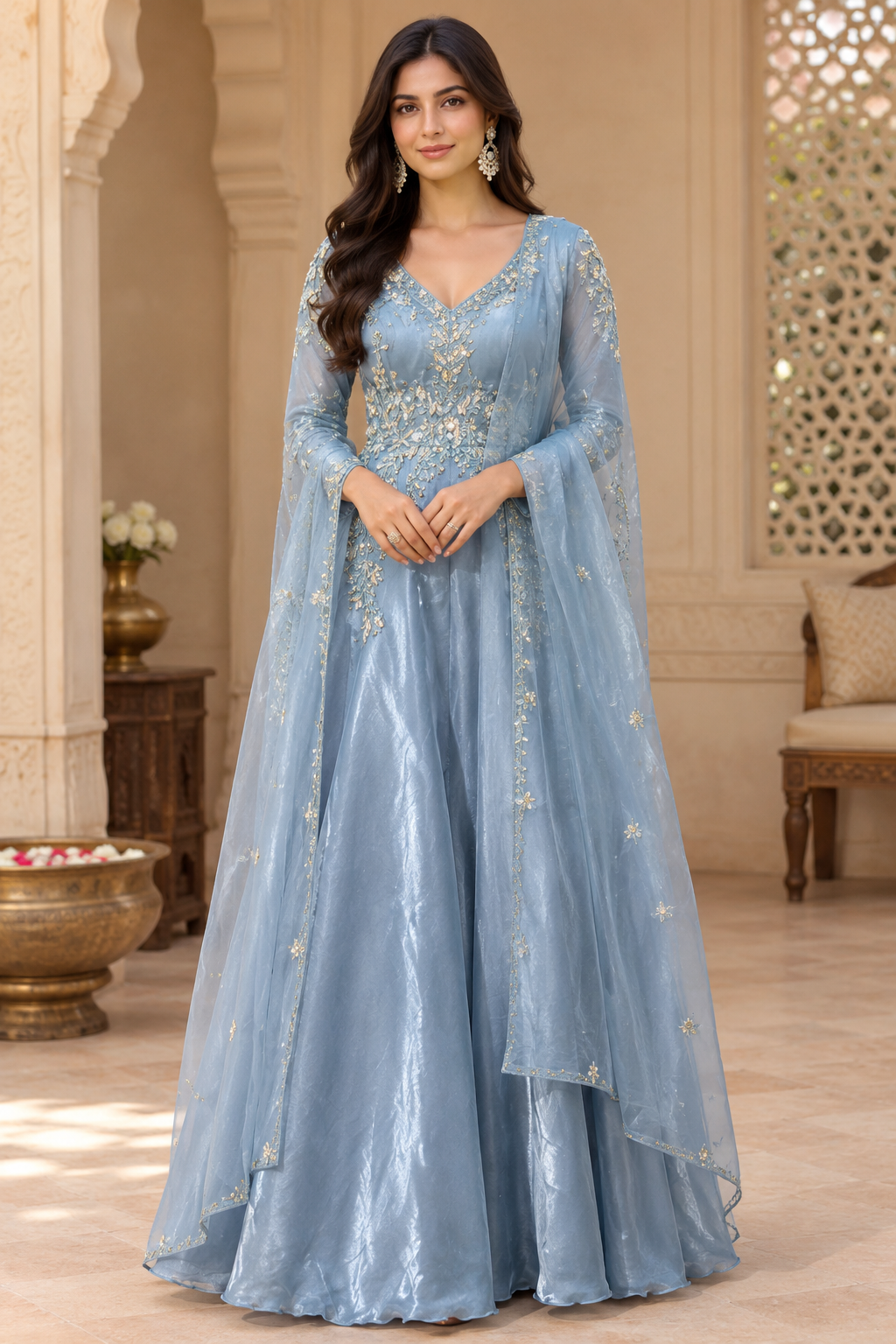 Powder Blue Organza Anarkali Gown Set