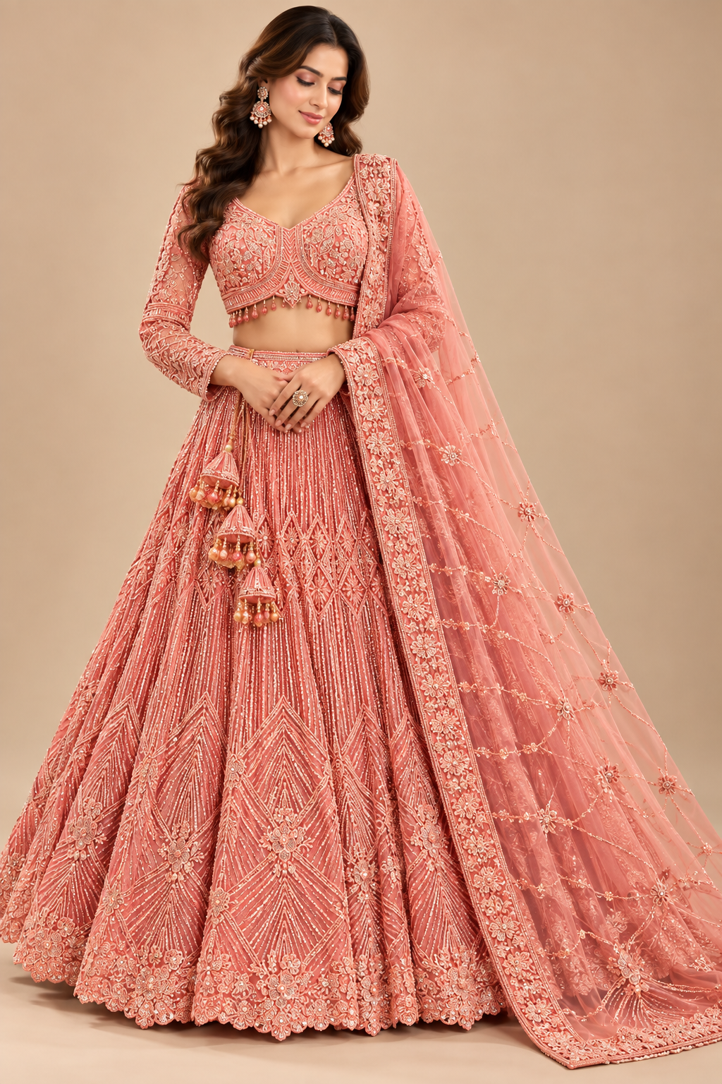 Coral Peach Tone-on-Tone Embroidered Full-Sleeve Lehenga Choli Set