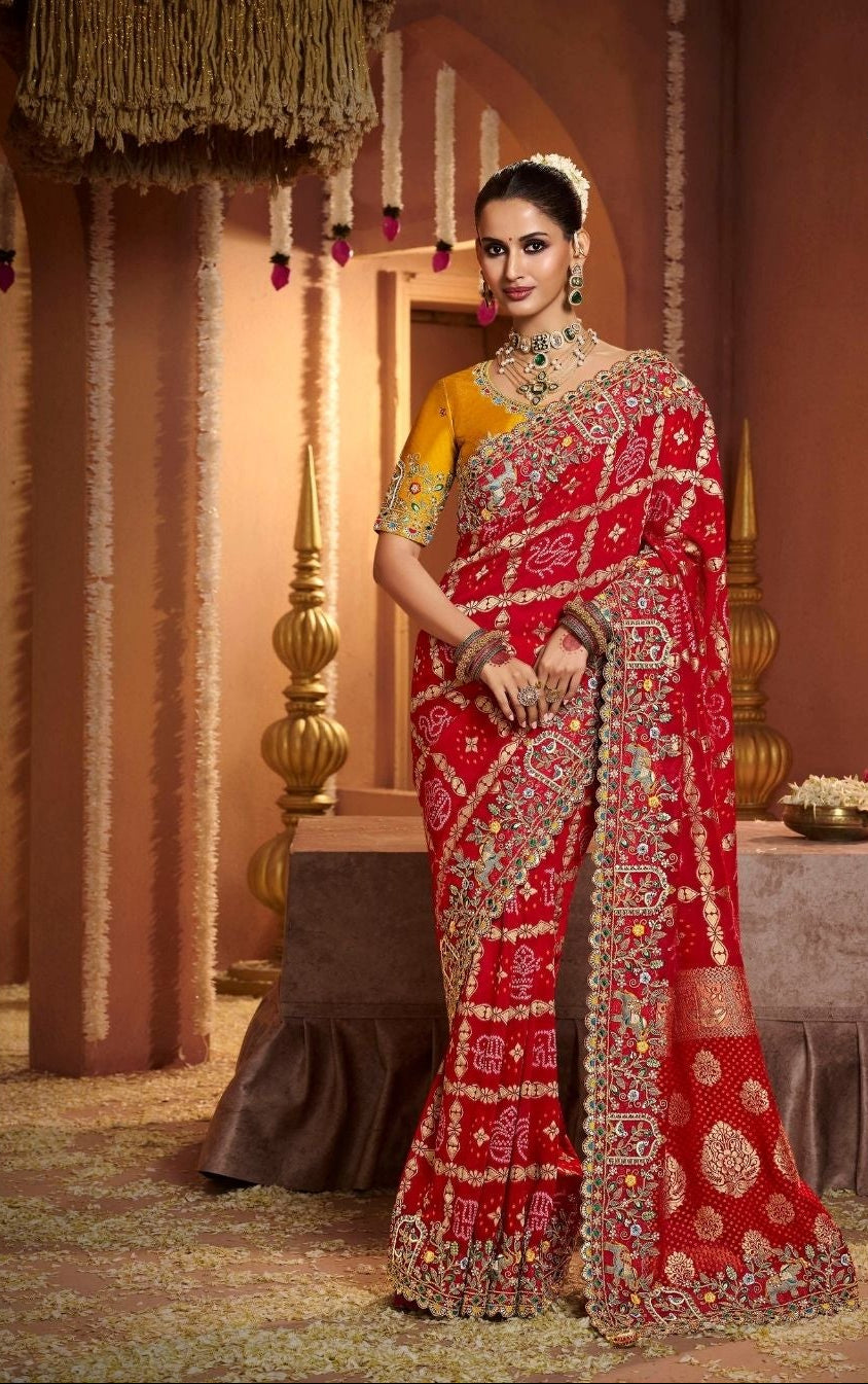 Regal Crimson Bandhani Saree