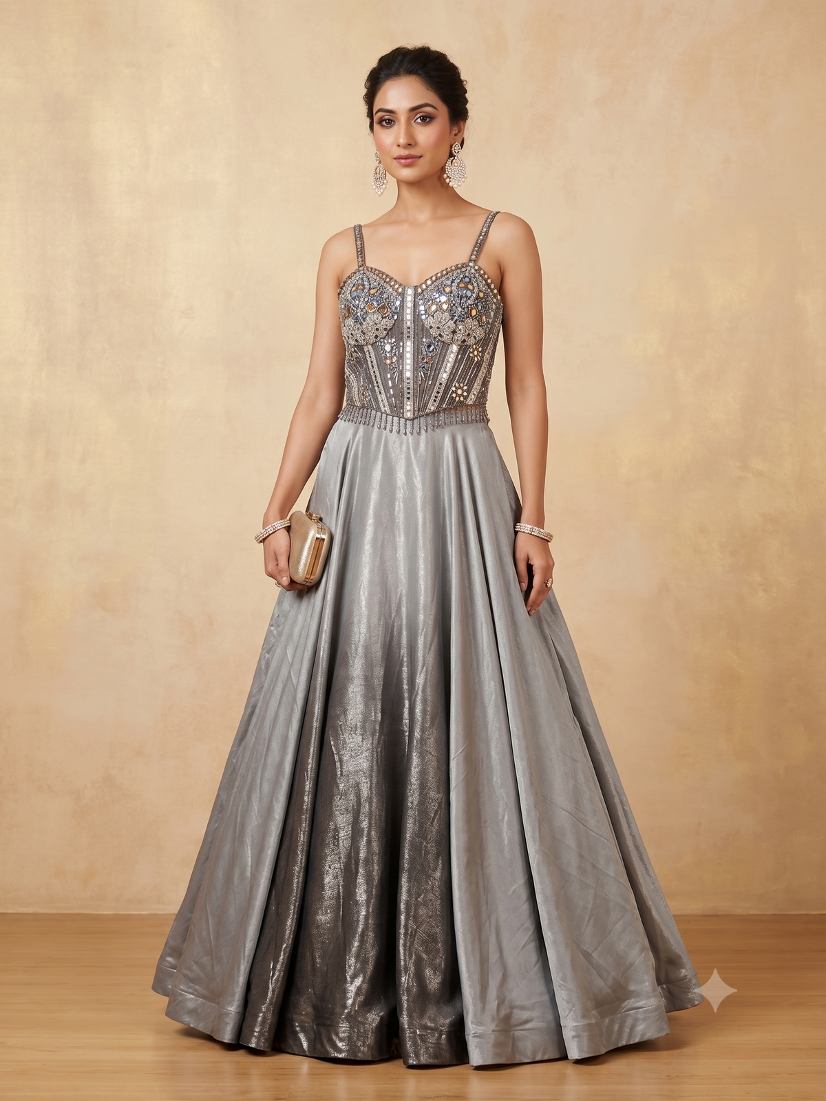 Gunmetal Silver Mirror &amp; Cutdana Embellished Corset Evening Gown