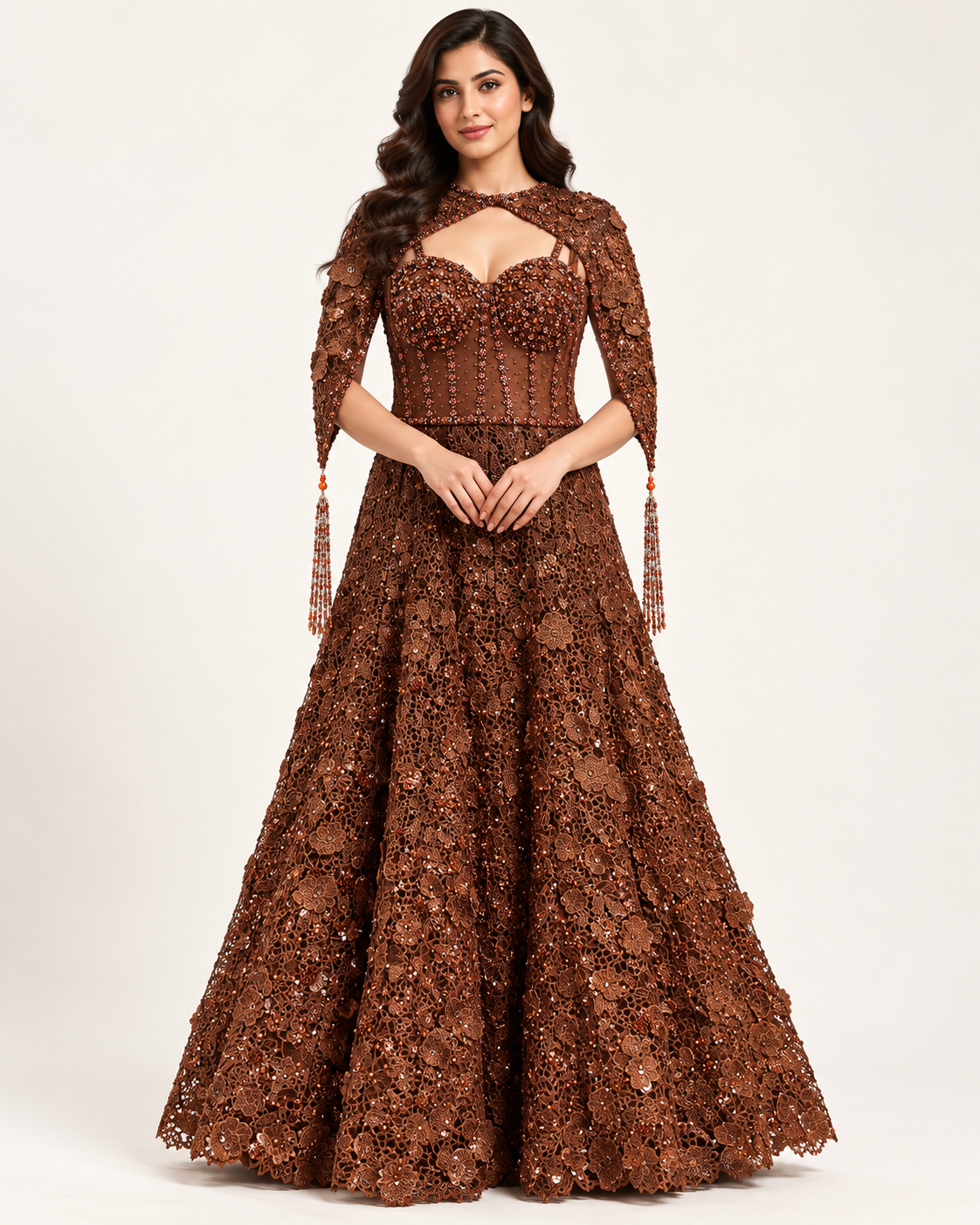 Rich Chocolate Brown 3D Lace Corset Ballgown with Cape Sleeves Main image