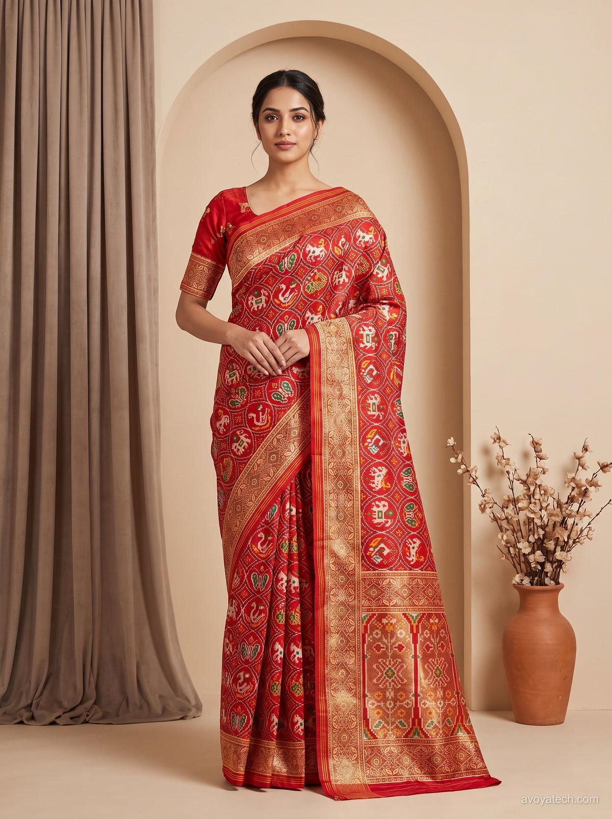 Crimson Red Patola Silk Saree with Traditional Animal Motifs, Zari Border