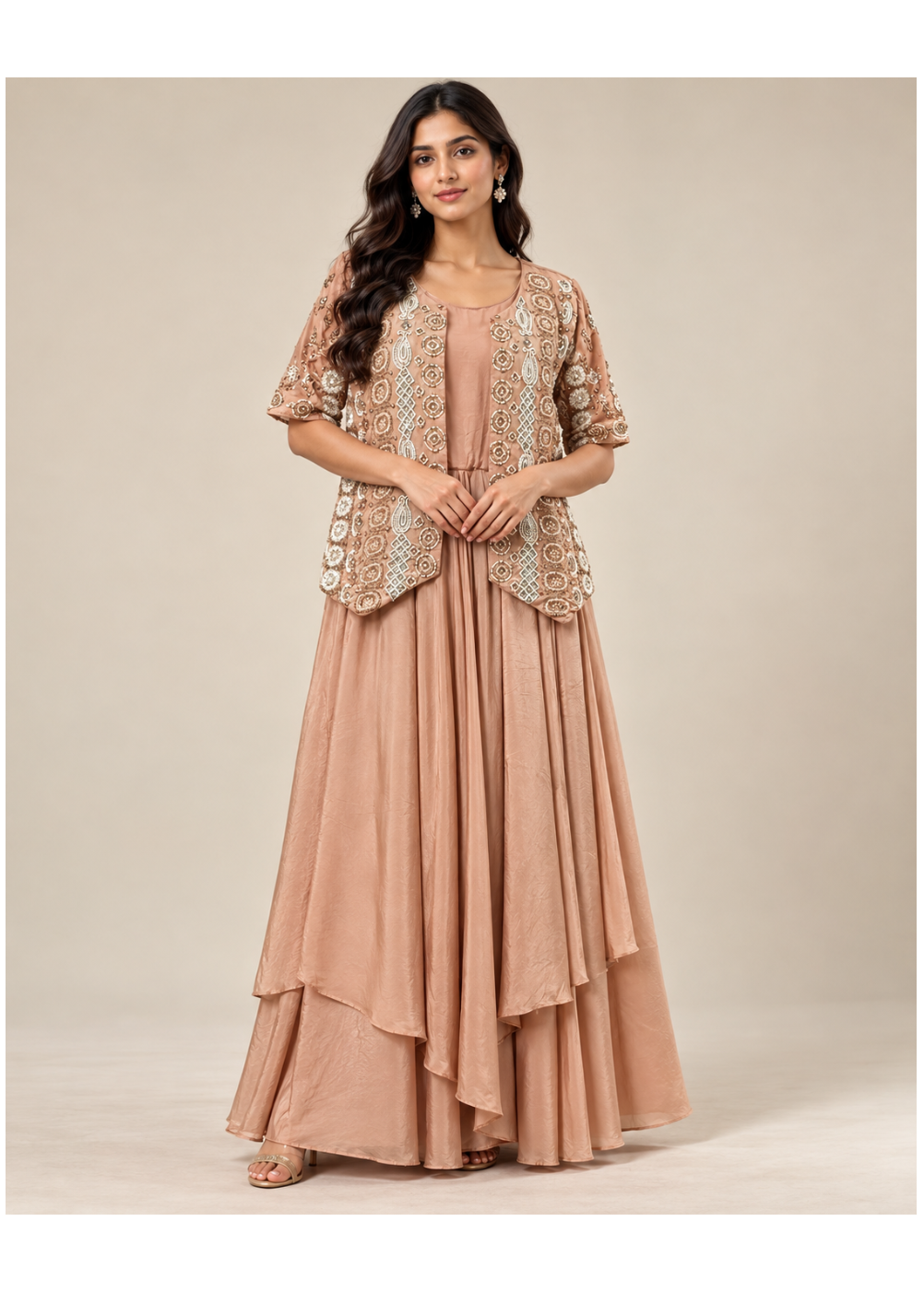Dusty Peach Embroidered Jacket Layered Gown Main image