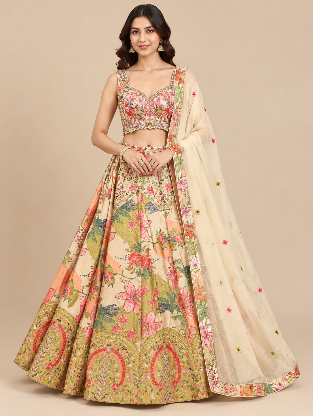Pastel Floral Embroidered Bridal Lehenga Set