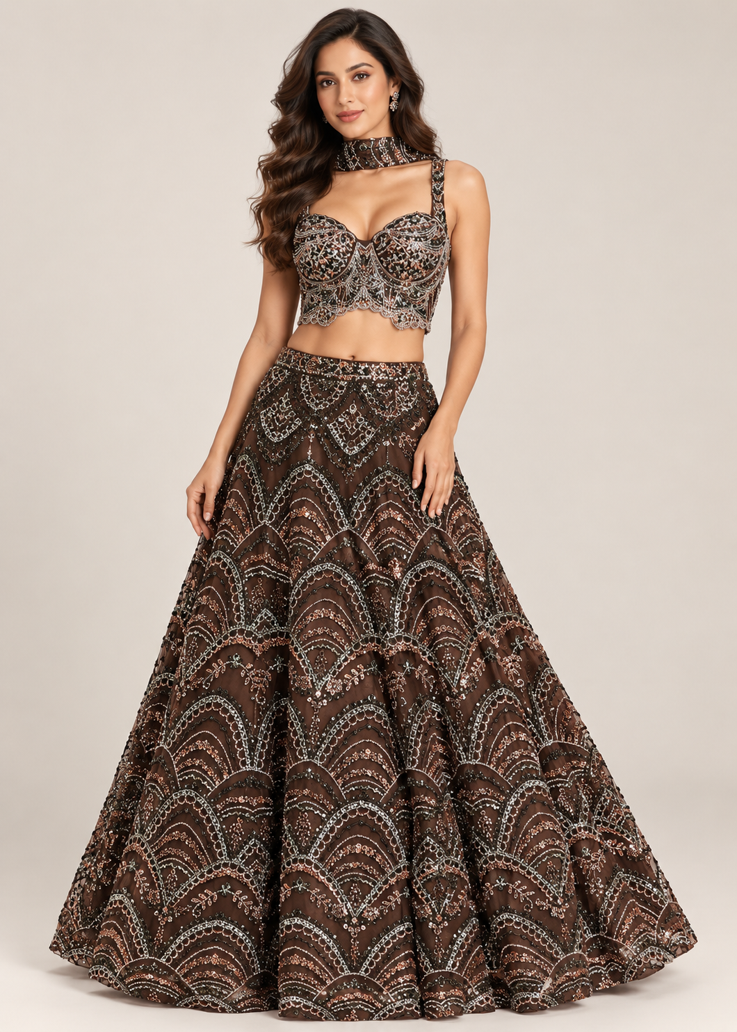 Espresso Brown Scalloped Geometric Sequin Bridal Lehenga Set with Choker Drape