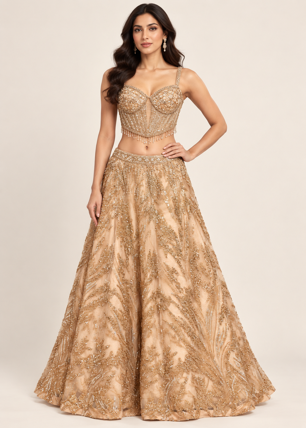 Champagne Gold Corset Bridal Lehenga Set with Crystal Fringe