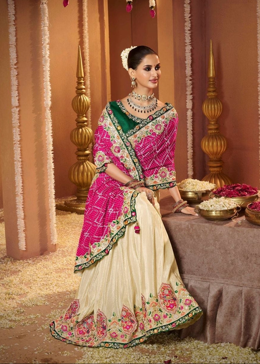 Stunning Pink and Cream Fusion Saree Secondary image