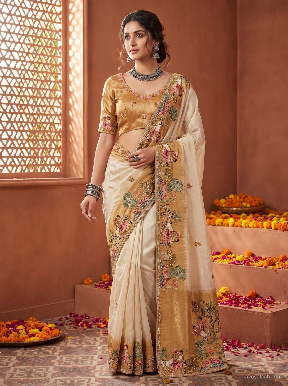 Elegant Cream & Golden Silk Saree with Handcrafted Floral