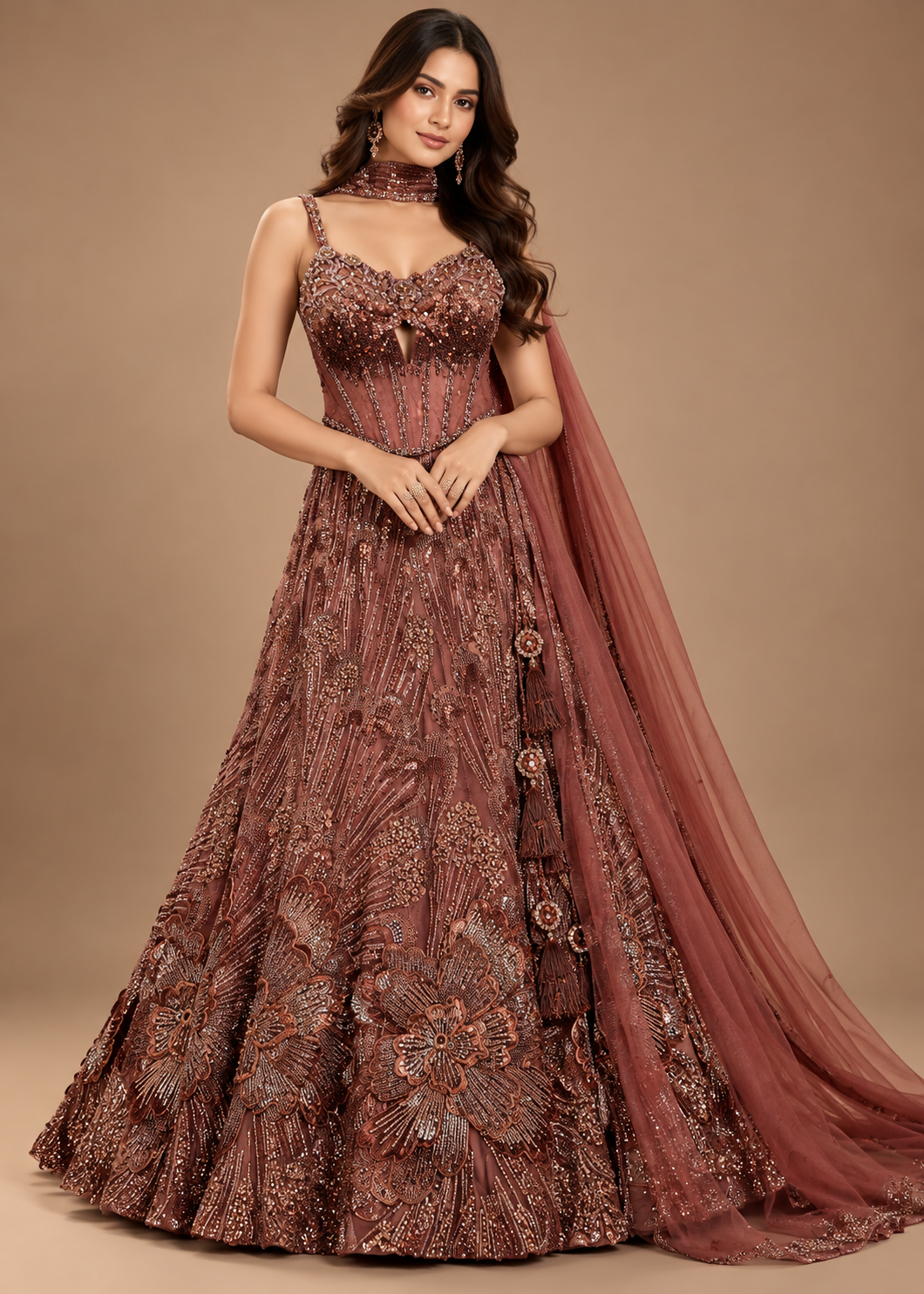 Deep Mauve Handcrafted Embroidered Bridal Lehenga