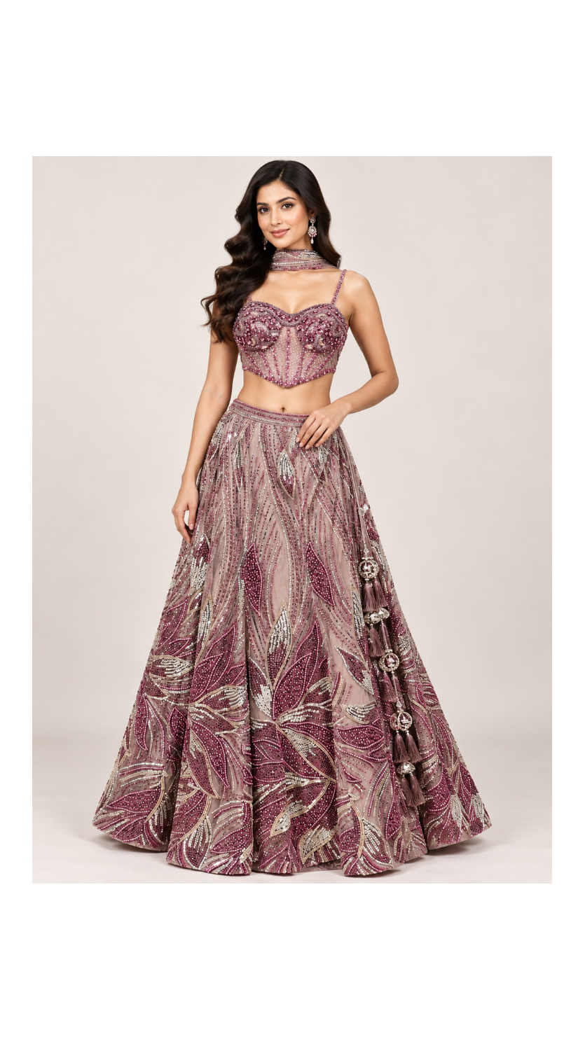 Dusty Mauve & Wine Botanical Sequin Bridal Lehenga Set with Choker Drape