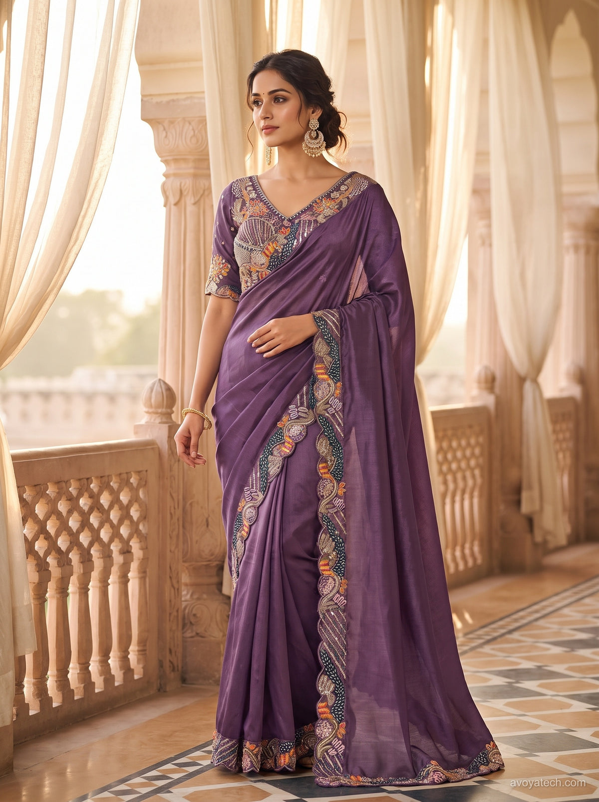 Elegant Purple Silk Saree with Multicolour Embroidered Border